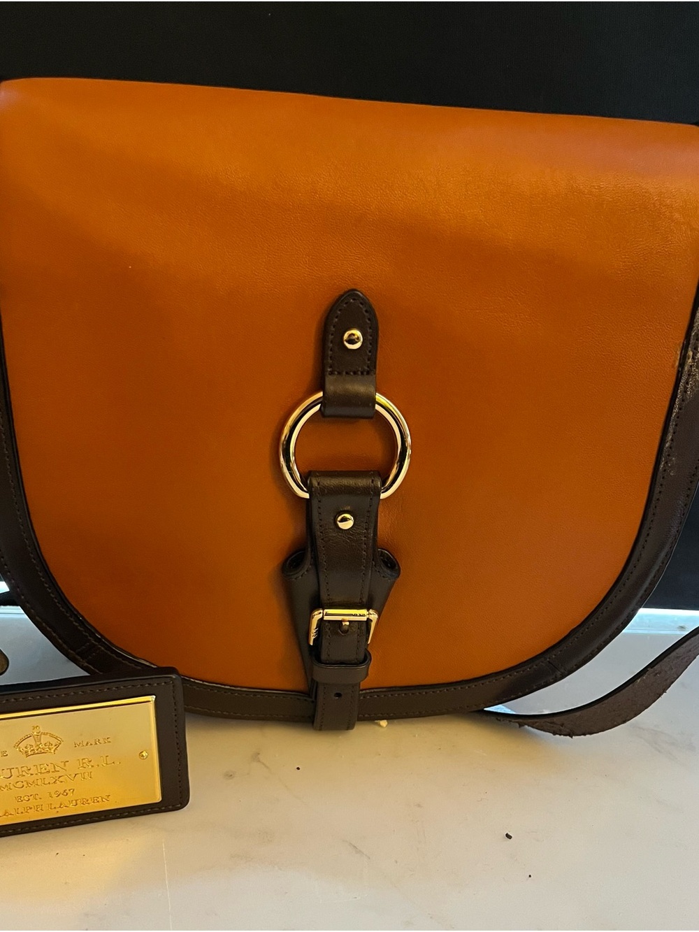 Tan and Dark Brown Leather Saddle Bag - Crossbody